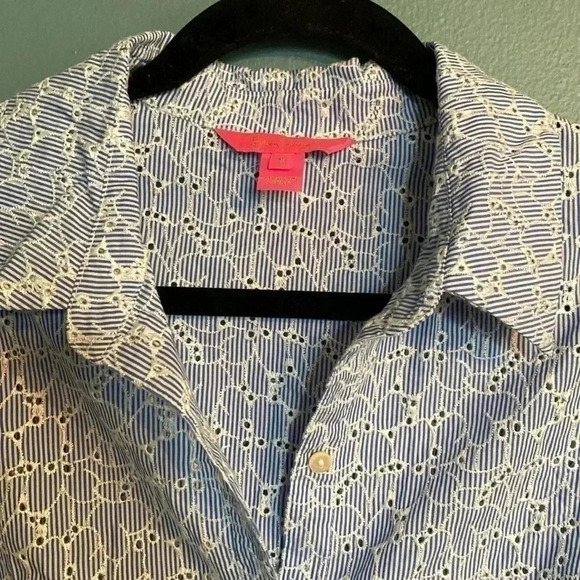 Lily Pulitzer new eyelet tank collar button up blue/white shirt size 8 - Picture 3 of 7